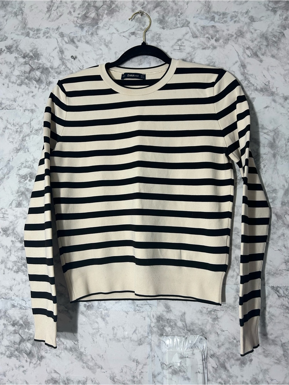 Zara Knit Cream and Black Striped Crewneck Sweater.  56